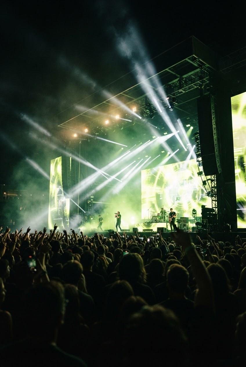 Concert stage with lime and white beams over the crowd